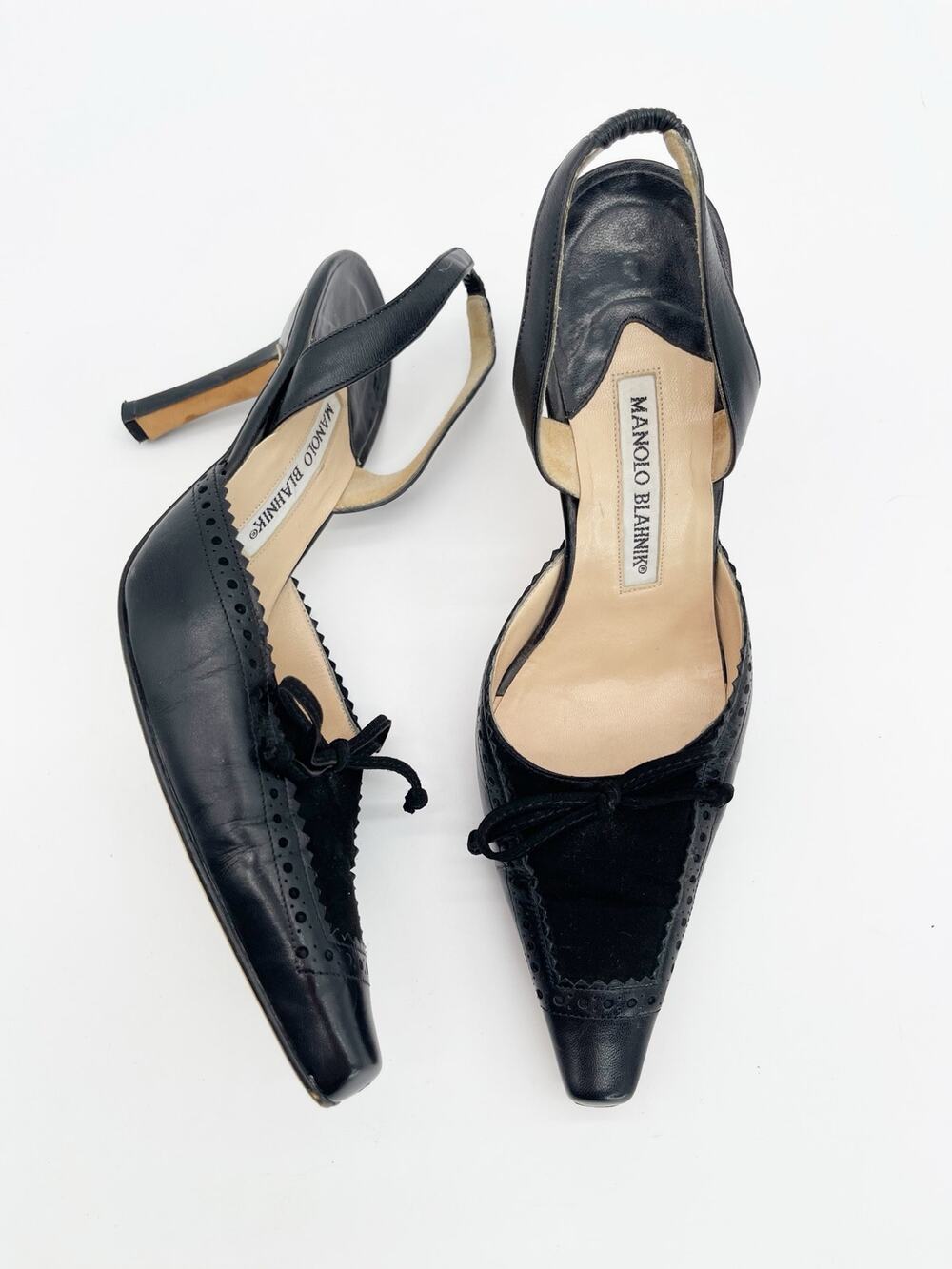 Manolo Blahnik Vintage y2k Black Bow Pointed Square Toe Slingback Heels IT 36.5